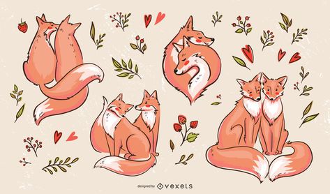 Valentines fox couples illustration set -  Vector download Couples Illustration, Valentine Drawing, Cuddle Love, Valentines Illustration, Fox Drawing, Fox Painting, Fox Illustration, Different Poses, Cute Animal Drawings Kawaii