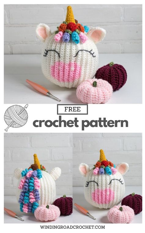 Quick and easy free crochet pattern for an adorable crochet unicorn pumpkin by Winding Road Crochet. Crochet Pumpkin Stuffed Animal, Crochet Stuffys, Knit Unicorn, Crocheted Unicorn, Crocheting Easy, Crochet Unicorn Pattern Free, Crochet Trendy, Winding Road Crochet, Crochet Skull Patterns