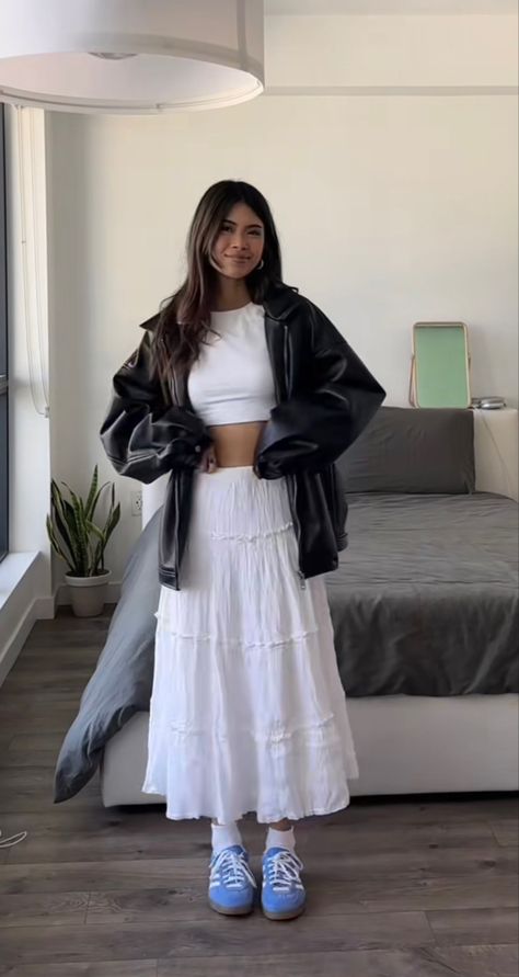 White Skirt Leather Jacket, Long White Skirt Winter Outfit, Long Tiered Skirt Outfit, White Tiered Maxi Skirt Outfit, Long White Skirt Outfit Winter, Midi White Skirt Outfit, White Maxi Skirt Outfit Winter, White Tiered Skirt Outfit, White Skirt Winter