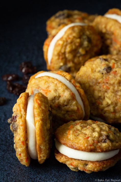 Carrot Cake Cookies - Bake. Eat. Repeat. Carrot Cake Cookies Recipe, Sandwich Cookies Filling, Raisin Recipes, Sweet California, Carrot Cake Cookies, California Raisins, Cookie Cake Recipe, Makanan Diet, Whoopie Pies