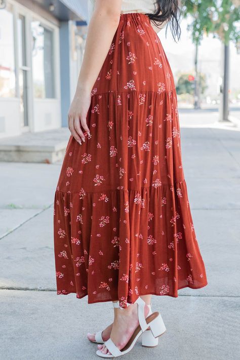 Portugal Clothes, Mass Outfit, Mission Outfits, Modesty Journey, Fall Floral Pattern, Long Tiered Skirt, Western Girl Outfits, Long Flowy Skirt, Romantic Outfit