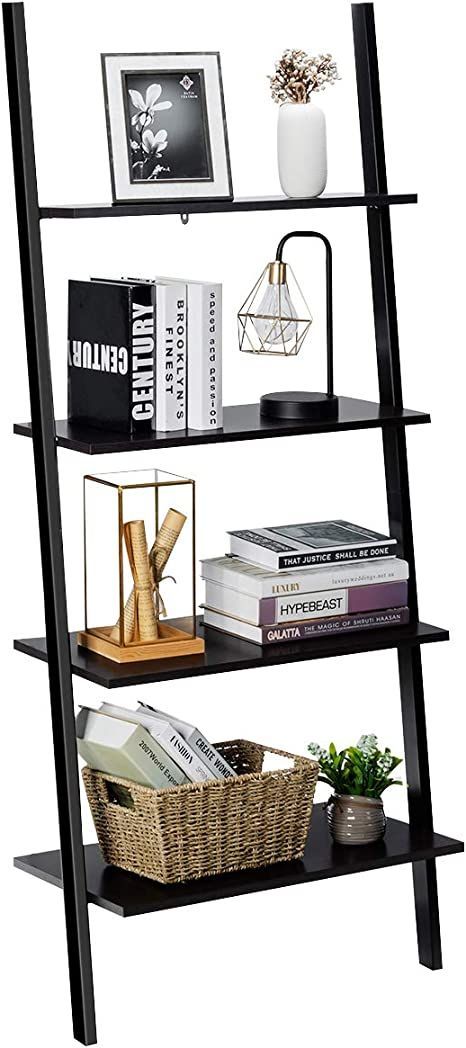 Black Ladder Shelf, Ladder Shelf Decor, Wall Bookshelf, Rack Shelves, Ladder Bookshelf, Minimalist Desk, Wall Bookshelves, Balcony Furniture, Standing Shelves