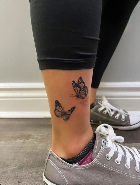 Butterfly Tattoo On Leg For Women, Ankle Tattoo Butterfly, Monarch Butterfly Tattoo Black And White, Butterfly Tattoo On Foot, Butterfly Tattoo Ankle, Butterfly Ankle Tattoo, Butterfly Foot Tattoo, Butterfly Ankle Tattoos, Name Flower Tattoo