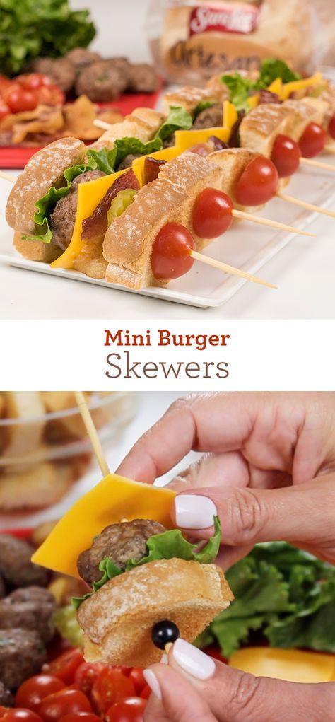 Mini Burger Skewers: What happens when you combine sliders and skewers? You get these easy-to-eat Mini Burger Skewers! Add cheese, pickles, bacon, lettuce and tomato, or whatever toppings you like best, and enjoy. Tailgate Skewers, Bonfire Appetizers, Hamburger Skewers, Burger Skewers, Savoury Platter, Bonfire Food, Cheese Pickles, Mini Burger, Skewer Appetizers