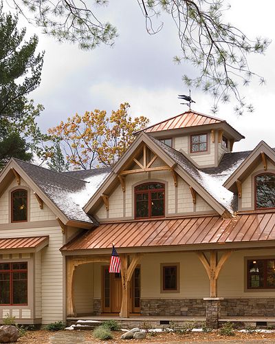 House with regular shingle roof and select roof details done in copper. The copper will tarnish and turn green over time, which gives it a distinctive look. Copper Roof, Metal Roof, Timber Frame, Roof, Copper, Trim, Wood, Frame