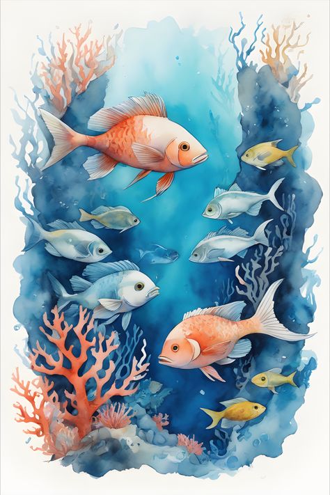 Underwater Watercolour Painting, Underwater Fish Painting, Aquatic Painting Ideas, Watercolor Underwater Scene, Deep Sea Fish Drawing, Aquatic Life Drawing, Underwater Life Drawing, Underwater Scene Drawing, Underwater Art Illustration