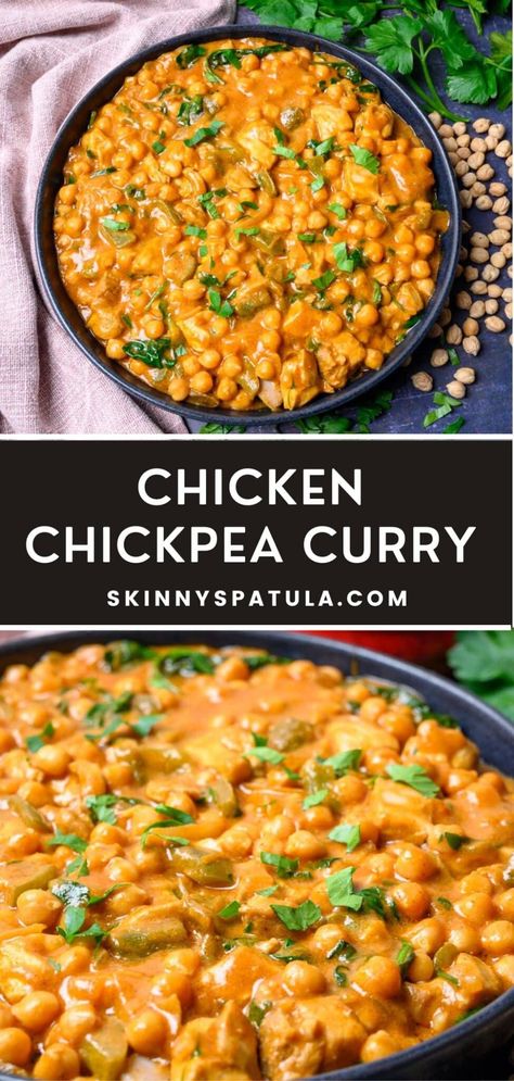 Chicken and Chickpea Curry – Skinny Spatula Chickpea And Chicken Curry, Chicken Vegetable Curry Recipe, Healthy Chickpea Curry, Chickpea And Chicken Recipes, Chick Peas Recipes Dinner, Chicken And Chickpea Recipes, Chicken Chickpea Curry, Chicken And Chickpea Curry, Chicken With Chickpeas