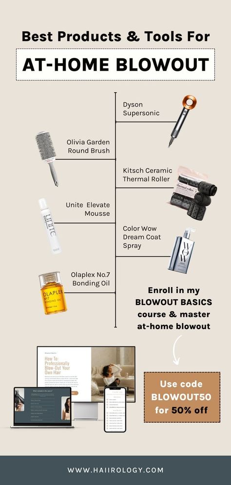 Here are some hair tools and hair styling products you can use to get smooth, shiny, and frizz-free. Even with having these tools and products achieving a salon-quality blowout at home can be tricky. But don't worry! I've got you covered. Check out my BLOWOUT BASICS COURSE. It's a 5-module course with professional tips, blowout techniques, tricks, and tools you need to get a bouncy blowout at home. Use code BLOWOUT50 for 50% off. Blowout Techniques, Best Hair Styling Products, Bouncy Blowout, Blowout At Home, Drugstore Hair Products, Best Hair Dryer, Best Hair Care Products, Hair Styling Products, Find Hairstyles