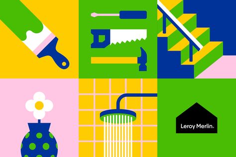 Leroy Merlin on Behance Improvement Illustration, Retail Illustration, Construction Illustration, House Cottage, House Illustration, Brand Color Palette, Ui Design Inspiration, Creative Branding, Visual Communication