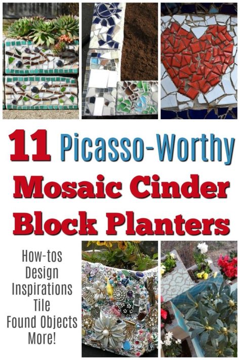 mosaic-cinder-block-planters Cinder Block Mosaic, Block Planter Ideas, Cinder Block Planters, Cinder Block Planter, Cinder Blocks Diy, Mosaic Planters, Cinder Block Garden, Cinder Block Walls, Cinder Blocks