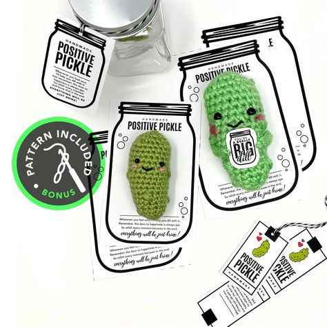 PRINTABLE Positive Pickle tags - Digital PDF - BONUS Crochet Pattern Included Crochet Emotional Support, Jar Tags, Mini Jars, Straight Edges, Jar Labels, Printable Tags, Crochet Basics, Photo Design, Card Tags