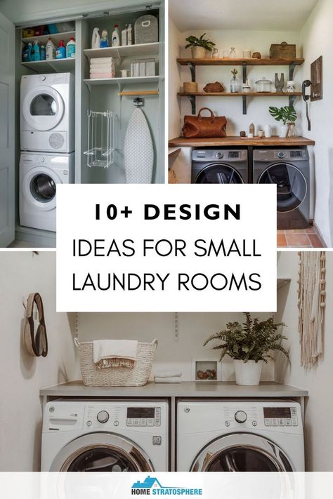 A collage of laundry room designs showcasing practical storage and décor solutions for small spaces. Budget Laundry Room Ideas, Stacked Unit Laundry Room, Small Laundry And Toilet Room Ideas, Mudroom Laundry Room Small Space, Small Home Laundry Room, Decorate Small Laundry Room, Pass Through Laundry Room Ideas, Basement Small Laundry Room Ideas, Small Upstairs Laundry Room