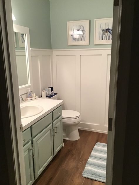 Update 90s Bathroom, Paint Board And Batten, Trim Update, 90s Bathroom, Bathroom Facelift, Small Bathroom Redo, Paint Board, Small Full Bathroom, Half Bathrooms