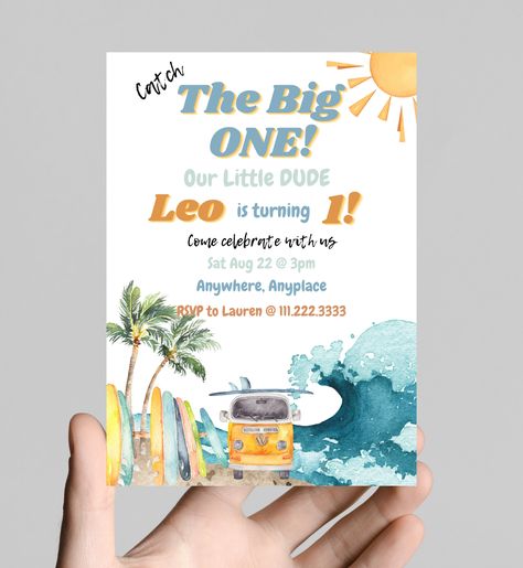 Catch the big ONE surfing our little dude’s first birthday invitation, surf theme, waves, beach, surfboards, ocean waves, customizable Surf Party, Baby Boy 1st Birthday Party, One Year Birthday, Waves Beach, Baby Boy 1st Birthday, The Big One, Surf Board, My Son Birthday, 1st Birthday Invitations