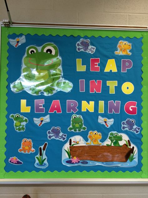 Leap Into Learning Bulletin Board, Leap Year Bulletin Board, Frog Door Decorations Classroom, Frog Bulletin Board Ideas, Testing Bulletin Board Ideas, Koala Room, Frog Bulletin Boards, Garden Theme Classroom, Frog Classroom