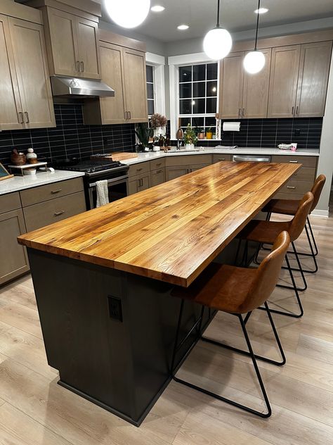 "Custom Wormy Chestnut Island Kitchen - Reclaimed Wooden Butcher Block Countertop - Kitchen Solid Wood Counter Top FREE SHIPPING! Most of the info you need is in the description below, if you still have questions feel free to contact us!  Because of the nature of the reclaimed wood, no two pieces are alike and may look slightly different then the listing example -- unique is good!  EXAMPLE LISTING ONLY!  We make these Custom Reclaimed Wood Plank Countertops from authentic reclaimed Wormy Chestnut for 79 dollars a sq ft., shipping included. 96\" long and up is considered oversized and may incur extra shipping costs. Contact us for a custom quote.  Our unique reclaimed wood counter tops are custom made to your exact specifications from eco-friendly salvaged wormy chestnut.   American Chestnu Butcher Block Countertops Black Cabinets, Butcher Block Island With Seating, Custom Butcher Block, Wood Mosaic Tile, Wood Countertops Kitchen, Wormy Chestnut, Butcher Block Countertop, Honed Marble Tiles, Reclaimed Wood Kitchen