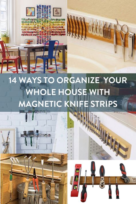 From jewelry to tools, you can use a magnetic knife strip to organize everything. Organize every room in your house with knife racks and these tips.     #[ Ikea Magnetic Knife Strip Hack, Magnetic Strip Ideas, Magnetic Knife Holder Ideas, Knife Strip, Knife Magnet, Organize Tools, Organization By Room, Magnetic Tool Holder, Organized Spaces