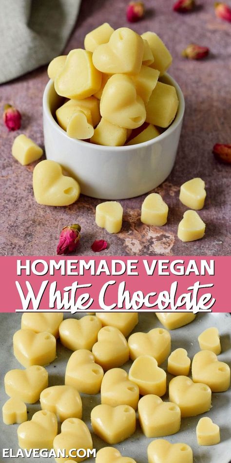 How to make vegan white chocolate at home that is creamy and rich with just 5 ingredients. The recipe is dairy-free and super easy to make, anyone can do it! #veganwhitechocolate #whitechocolate #homemadechocolate #valentinesday #elasrecipes | elavegan.com Ella Vegan, Deserturi Raw Vegan, Dairy Free Recipes Easy, Vegan Chocolate Recipes, Vegan White Chocolate, Vegan Candies, Vegan Dessert Recipes, Vegan Treats, Vegan Sweets