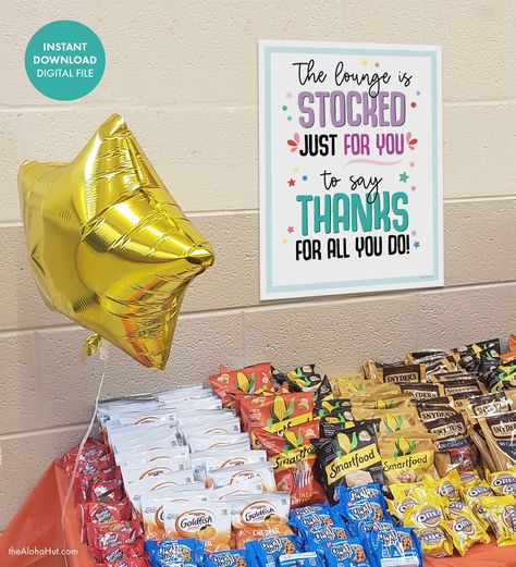 Show appreciation for our teachers during teacher appreciation week with a thank you sign and a lounge full of snacks! PRINTABLE TEACHER APPRECIATION SIGN "The lounge is stocked just for you to say thanks for all you do!" This listing is for an INSTANT DOWNLOAD. No items will be shipped. ★ For personal use only, by the original purchaser. If you have any questions, please contact us!  ★ ★ Files will be sent directly to your email associated with your Etsy account. You can also find the download Staff Lounge Ideas, Teachers Lounge Makeover, Teacher Appreciation Signs, Staff Lounge, Staff Appreciation Week, Staff Appreciation Gifts, Teacher Appreciation Gifts Diy, Teacher Appreciation Printables, Teachers Lounge