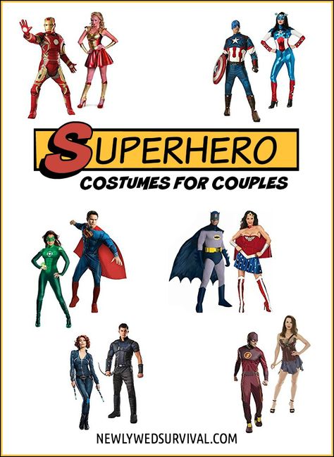 Top Costumes for Couples: Superhero http://newlywedsurvival.com/top-costumes-for-couples-superhero/ Whether you prefer the Justice League or Avengers, old-school heroes or new, there are some great superhero costumes for couples out now! Couples Superhero Costumes Diy, Super Hero Costumes For Couples, Avengers Couple Costume, Superhero Couple Costumes, Hero And Villain Costumes Couples, Couple Superhero Costumes, Super Hero Couple Costumes, Couples Superhero Costumes, Marvel Couples Costumes