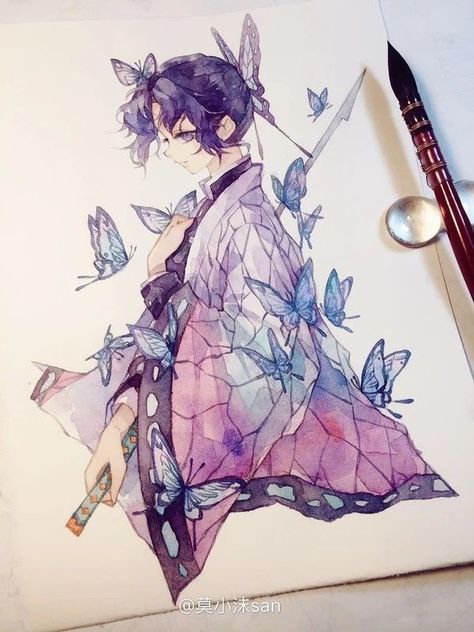 Demon Slayer Drawing Watercolor, Shinobu Watercolor, Demon Slayer Watercolor Painting, Anime Painting Watercolor, Watercolor Character Art, Demon Slayer Watercolor, Watercolour Anime Art, Watercolor Art Anime, Watercolor Anime Art