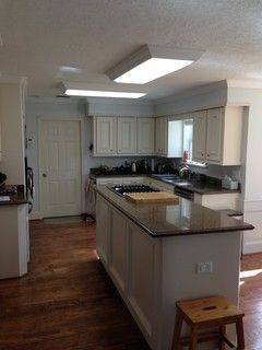 Kitchen lighting help needed - what can I replace the fluorescent strips with? Replacing Florescent Lights Kitchen, Kitchen Light Box Makeover, Galley Kitchen Lighting Ideas, Galley Kitchen Lighting, Fluorescent Kitchen Lights, Over Sink Lighting, Kitchen Lighting Remodel, Light Over Sink, Flush Mount Kitchen Lighting