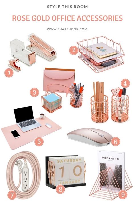 Room Decor Bedroom Rose Gold, Rose Gold Bedroom Decor, Gold Office Accessories, Rose Gold Room Decor, Rose Gold Rooms, Rose Gold Office, Rose Gold Bedroom, Teenage Room Decor, Work Desk Decor