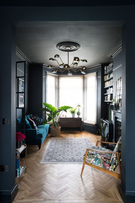 Farrow & Ball Down Pipe – how to use this popular dark grey in every room | Livingetc | Dark Living Room Ideas, Dark Victorian, Dark Ceiling, Dark Living Rooms, Dark Color Palette, White Tile Floor, Cosy Spaces, Victorian Home, Dark Walls