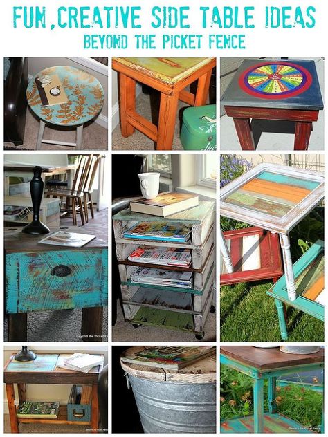 Incredibly fun and whimsical side tables! See more details here... Diy Furniture Covers, Old End Tables, Mirror Repurpose, End Table Makeover, Side Table Makeover, Upcycle Furniture, Farmhouse Side Table, Diy End Tables, Cool Tables