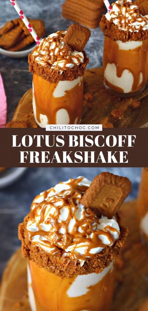 Lotus Biscoff Milkshake, Loaded Milkshake Ideas, Biscoff Milkshake Recipe, Biscoff Drinks Recipes, Good Milkshake Recipes, Biscoff Frappe, Cafe Drink Ideas, Biscoff Drink, Loaded Milkshake