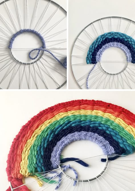 rainbow weaving steps How To Make Rainbow Macrame, Rope Rainbow Diy, Macrame Rainbow Diy Tutorial, Weaving Rainbow, Macrame Rainbow Animal Tutorial, Circular Weaving, Weaving Loom Diy, Weaving Tutorial, Rainbow Crafts