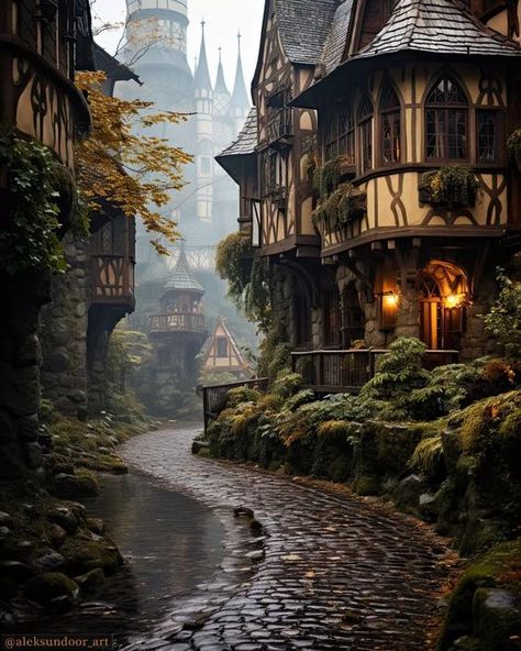 Rainy Village Aesthetic, Rainy Castle, Village Aesthetic, Elven Costume, Fantasy Village, Fantasy Town, Rainy Morning, Writing Books, Minecraft Inspo