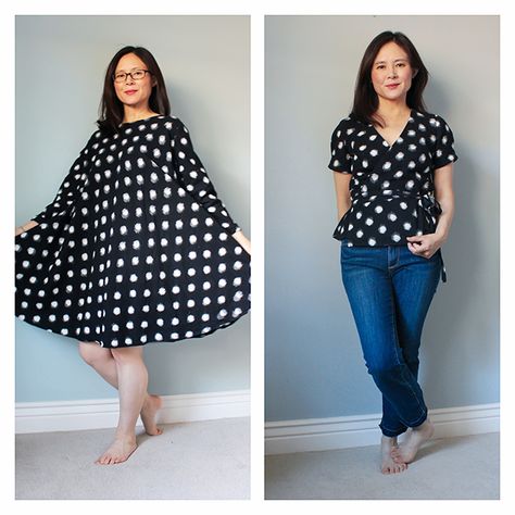 Blouse Refashion, Upcycled Ideas, Trapeze Dress, Out Of Control, Refashion Clothes, Wrap Top, Yarn Dyeing, Getting Out, Polka Dot Top