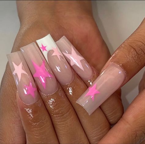 Star Coffin Nails, Pink Star Nails, Nails Y2k, Simple Gel Nails, Simple Acrylic Nails, Glow Nails, Acrylic Nails Coffin Pink, Unique Acrylic Nails, Long Square Acrylic Nails