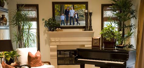 family portrait above fireplace Family Picture Above Fireplace, Picture Above Fireplace, Living Room Decor With Piano, Music Studio Ideas, Home Music Studio Ideas, Wall Portraits, Piano Photo, Mantle Design, Massachusetts Boston