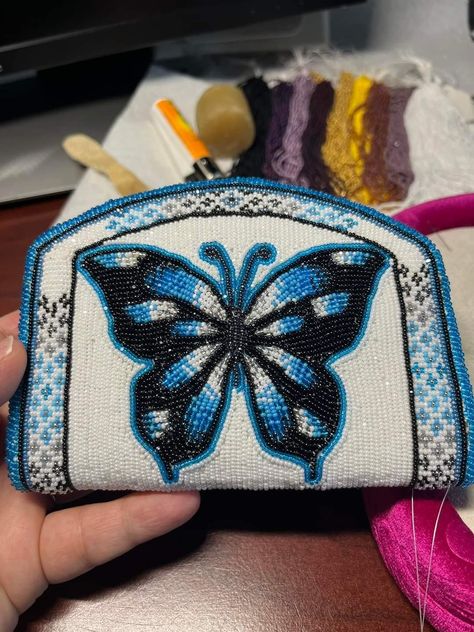 Mi'kmaq Beadwork, Butterfly Beaded Bag, Beaded Purse Native American, Beaded Hummingbird Earrings Native American, Beaded Butterfly Native American, Indigenous Beading, Native Humor, Beaded Butterfly, Beaded Pouch