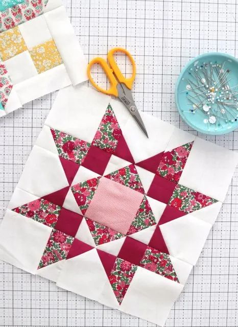 April Quilt Block Patterns - Riley Blake Challenge - Diary of a Quilter - a quilt blog Moda Quilt Blocks Free Pattern, Square In A Square Quilt Block, Quilt Star Blocks, 12 Inch Quilt Block Patterns Free, Riley Blake Quilt Patterns, Quilting Stars, Riley Blake Quilt, Free Quilt Block Patterns, Camper Quilt