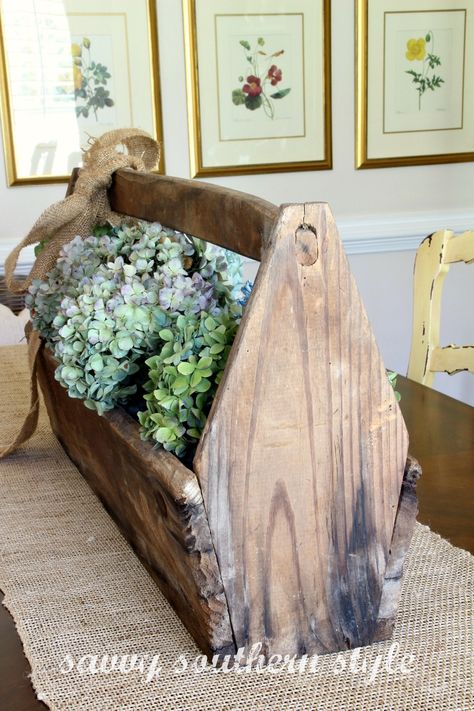 savvysouthernstyle Toolbox Decor, Wooden Tool Caddy, Old Tool Boxes, Tool Caddy, Wood Tool Box, Antique Wooden Boxes, Wooden Tool Boxes, Savvy Southern Style, French Country Design