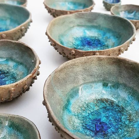 Shop is stocked with more ocean trinket bowls!  Decorated with slip dots on the exterior, and a sparkling turquoise glass pool on the… Ocean Ceramics, Clay Templates, Ocean Pottery, Embroidered Projects, Glass Cafe, Concept Collage, Whimsical Pottery, Throwing Clay, Slab Ceramics