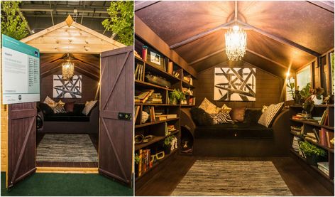 Cosy Shed Interiors, Shed Library, Reading Snug, Trailer House Remodel, She Shed Interior, Conservatory Ideas, Shed Office, Property Renovation, Shed Interior