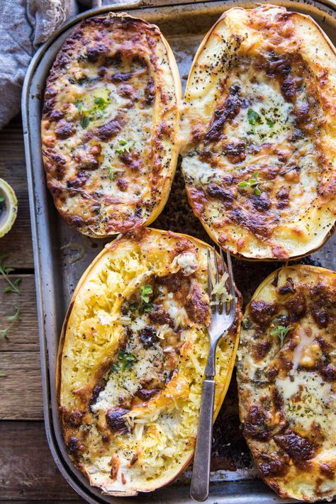 Stuffed Spaghetti Squash 4 Cheese Pesto Lasagna | halfbakedharvest.com #spaghettisquash #italian #easyrecipes #healthy #autumn #fallrecipes Half Baked Harvest Spaghetti Squash, Half Baked Harvest Spaghetti, Healthy Autumn, Pesto Lasagna, Stuffed Spaghetti Squash, Spaghetti Squash Lasagna, Half Baked Harvest Recipes, Stuffed Squash, Garlic Spaghetti