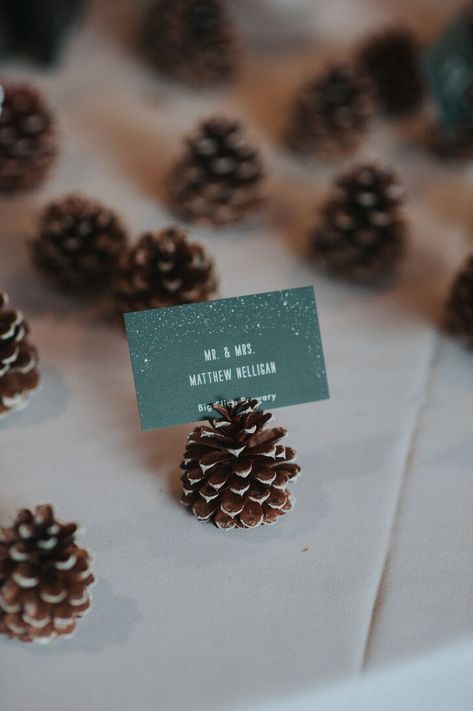 Ornament Place Card Holder, Pine Cone Place Card Holder, Christmas Wedding Ideas, Ornament Wedding Favors, Leaf Confetti, Winter Wreath Diy, Winter Wedding Cake, Place Card Holder, Green Wedding Colors