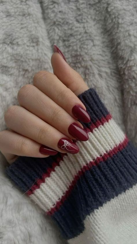 Red Almond Shaped Nails, Nail Deisgn, Cherry Wine Nails, Nails Bow, Red Almond, Bow Nail Designs, Elegant Touch Nails, Paris Nails, Engagement Nails