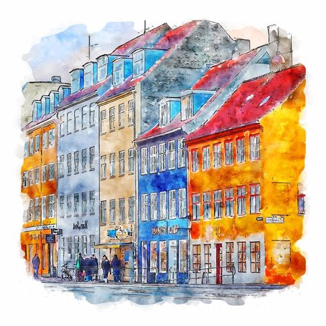 Germany Watercolor, Hand Drawn Illustration, Scandinavian Art, Drawn Illustration, Watercolor Sketch, Copenhagen Denmark, Jena, Premium Vector, Copenhagen