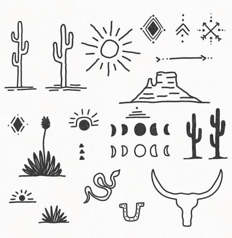 Desert Doodles, Outdoor Tattoo, Desert Tattoo, Earthy Tattoos, Cowgirl Tattoos, Cowboy Tattoos, Country Tattoos, Cactus Tattoo, Boho Tattoos