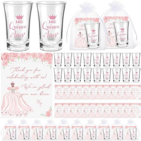 PRICES MAY VARY. Quinceanera Party Favors Set: you will receive 25 sets quinceanera party favors comes with 25 shot glasses, 25 thank you cards, and 25 organza bags; This ensures you have enough gifts to express your gratitude to your beloved guests, making the quinceanera party more interesting and colorful Quality Material: clear shot glass is made of acrylic, strong and beautiful; The thank you cards are crafted from 250 g coated paper, not easy to break; The organza bag, made from organza, i Party Favor Ideas For Quinceanera, Quince Recuerdos Ideas, Quince Party Favors, Pink Quince Theme, 15 Birthday Party, Party Favors Pink, Sweet 15 Birthday, Quinceanera Party Favors, Red Quince