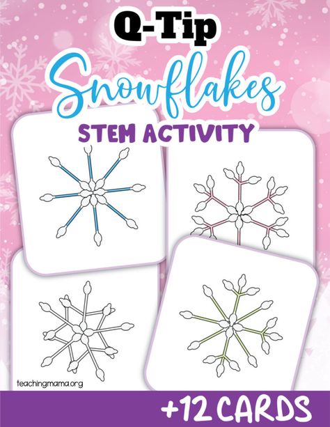 Winter Stem Kindergarten, Q Tips Snowflakes, Snowman Stem Activities For Kids, Q Tip Snowflake Craft, Snowflake Stem Activities, Winter Lesson Plans Elementary, Snowflake Art Preschool, Stem Snowflakes, Q Tip Snowflakes