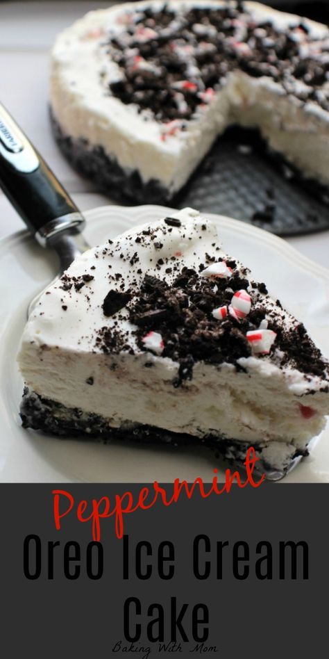 Peppermint OREO Ice Cream Cake with an OREO crust and peppermint stick ice cream. Only 4 ingredients-great for Christmas dessert. #icecreamcake #peppermint #Christmas #bakingwithmom Christmas Ice Cream Pie, Peppermint Ice Cream Pie With Oreo Crust, Grinch Ice Cream, Peppermint Stick Ice Cream, Stick Ice Cream, Christmas Desserts Cakes, Christmas Ice Cream Cake, Cherry Cake Recipe, Oreo Ice Cream Cake