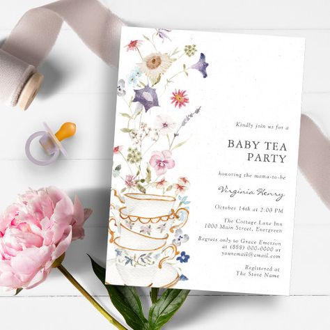 Wildflower Baby Shower Invitation for $3.08 - Baby Shower Invitations Tea Party Baby Shower Invitations, Baby Tea Party, Baby Tea, Butterfly Baby Shower Invitations, Vintage Garden Parties, Butterfly Invitations, Wildflower Baby Shower, Boho Baby Shower Invitations