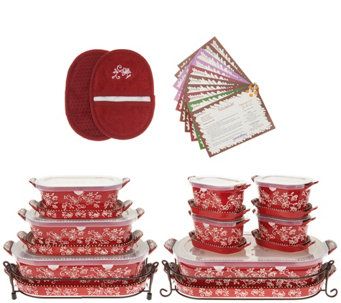 Temp-tations Floral Lace 21-Piece Bakeware Set - K47542 Temptations Cookware, Copper Bakeware, Glass Bakeware Set, Temptations Bakeware, Bakeware Storage, Glass Bakeware, Kitchen Necessities, Mason Cash, Pretty Plates